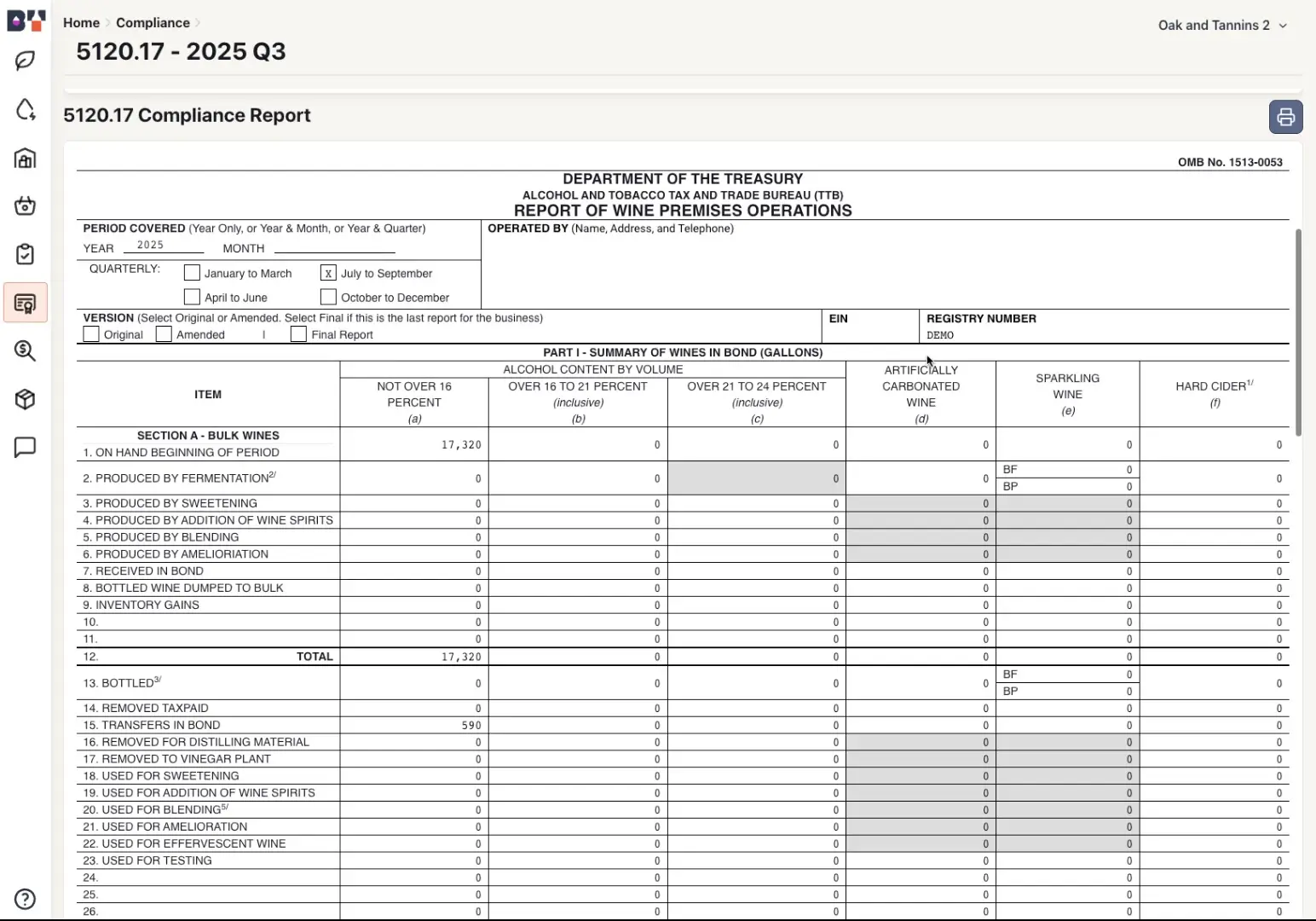 The screenshot displays a compliance report for wine premises operations, covering the period of July to September 2025. The report includes details on wine production, inventory, and removals, as required by the Alcohol and Tobacco Tax and Trade Bureau (TTB).