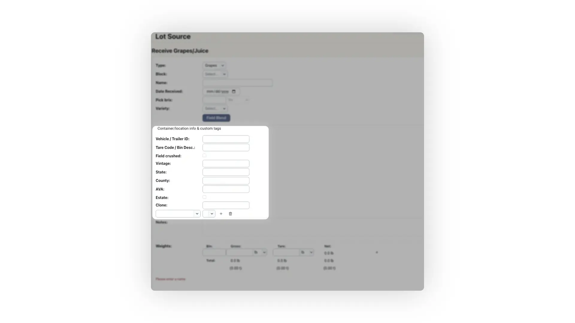 Blended platform Lot Source screen for receiving grapes or juice, with fields for type, block, name, date, pick brix, variety, and container information.