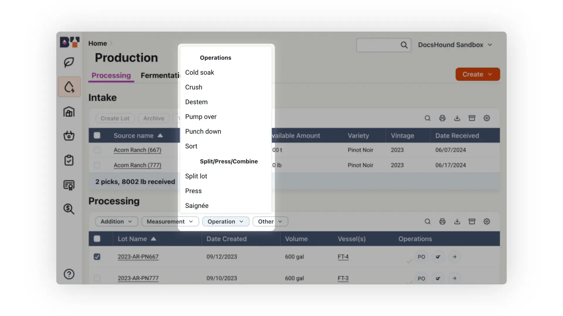 Blended software platform Production section under Processing tab showing Intake and Processing details with operations dropdown menu expanded.