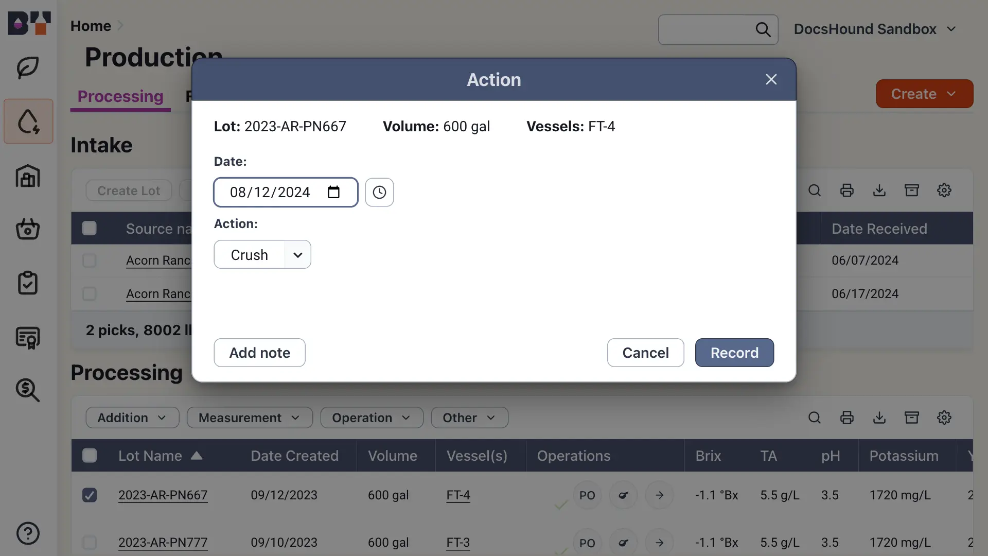 Blended software platform, Production section, Action dialog box for recording operations for lot 2023-AR-PN667.