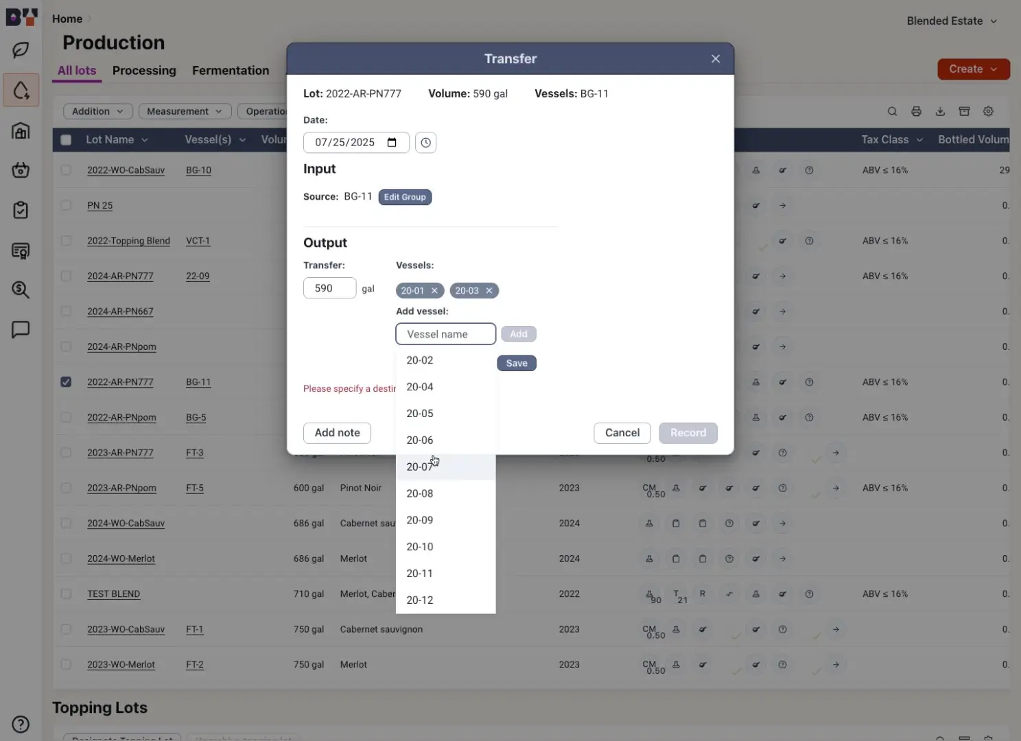 Blended Production Transfer dialog for managing wine transfer between vessels.