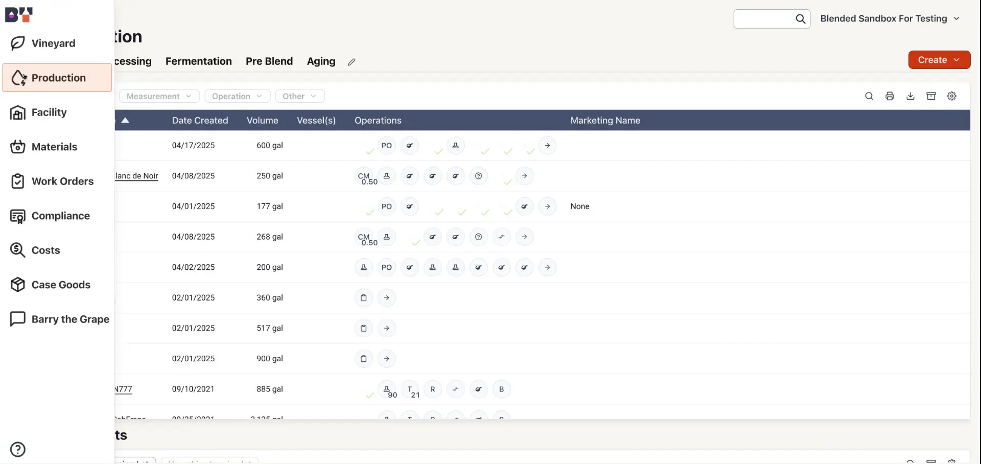 Blended software platform Production section showing production data table with navigation menu.