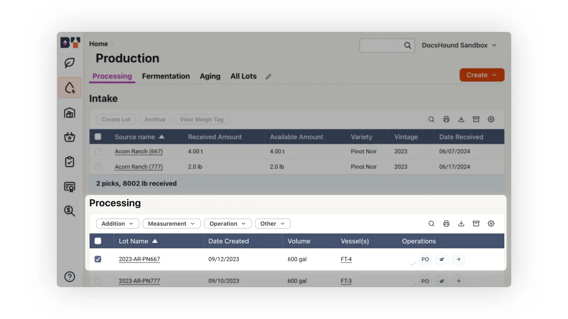 Blended software platform Production section under Processing tab showing Intake and Processing details.