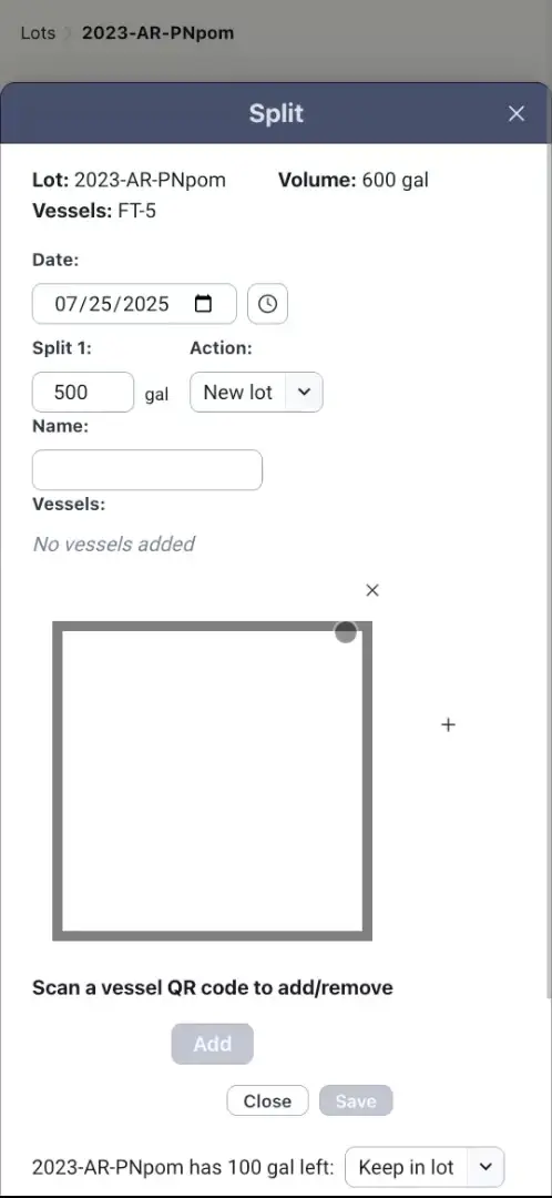Blended software Split interface for lot 2023-AR-PNpom in production management.