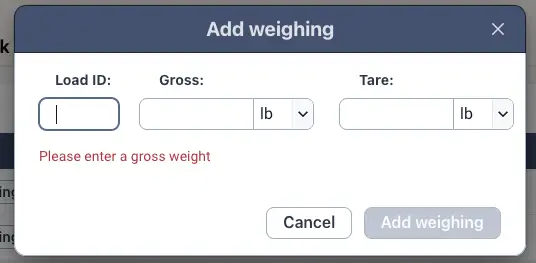 Blended platform Add weighing dialog for scheduling intake workflow