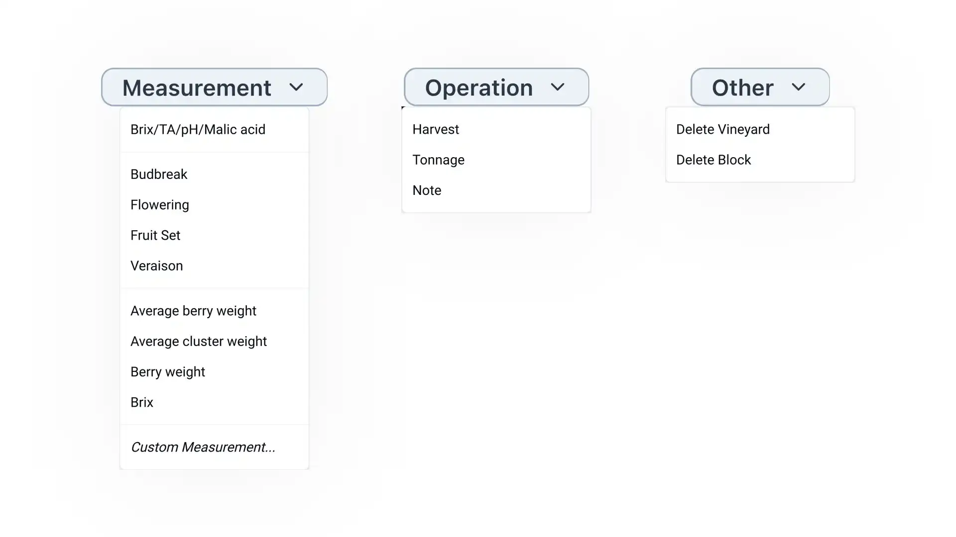 Blended software platform vineyard management dropdown menus for Measurement, Operation, and Other.