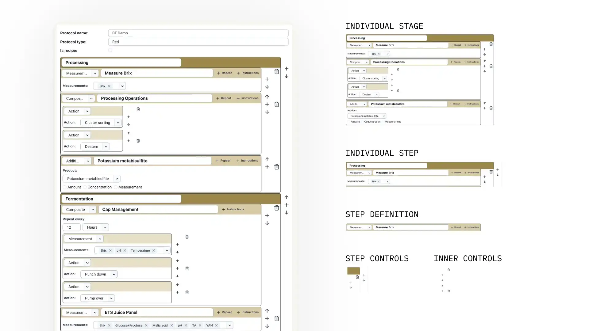 Blended software Compliance Overview feature showing protocol management with stages like Processing, Fermentation, and ETS Juice Panel, including detailed steps and actions for each stage.