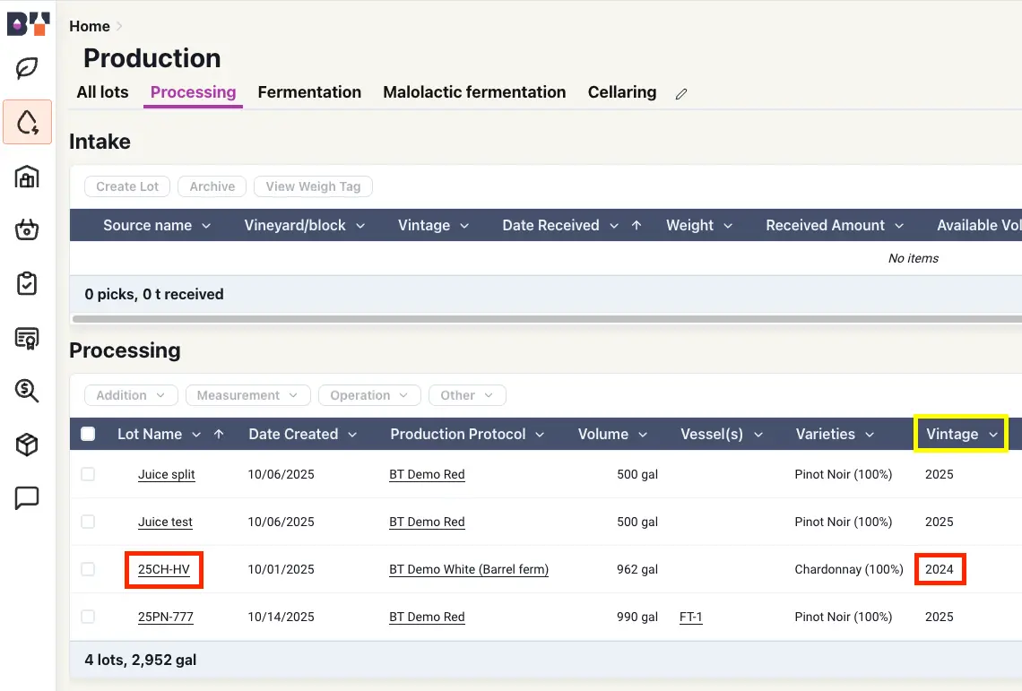 Blended Production Processing page showing post-harvest workflows with lot details and vintage sorting.