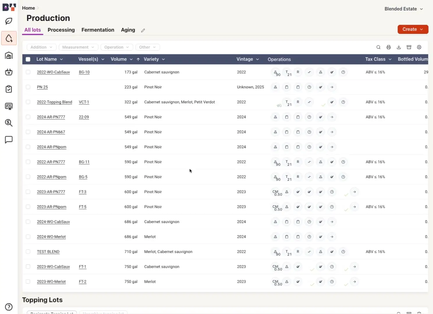 Blended software Production section showing wine lot details and operations.