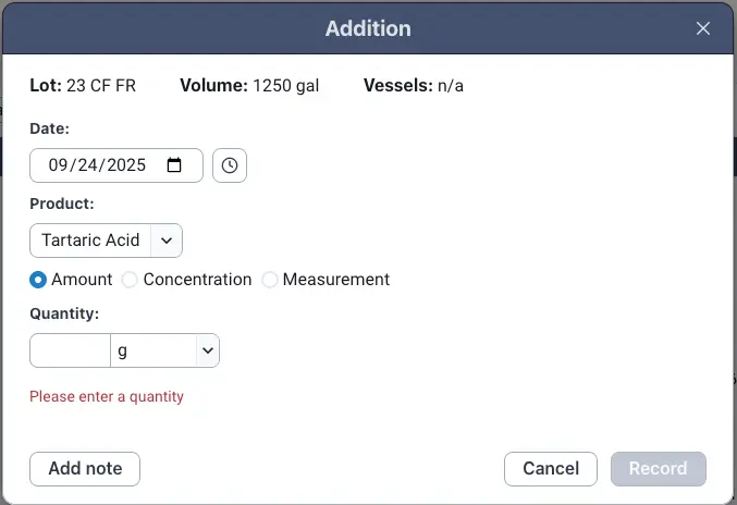 Blended Production Addition dialog for Lot 23 CF FR with fields for date, product, amount, and quantity.