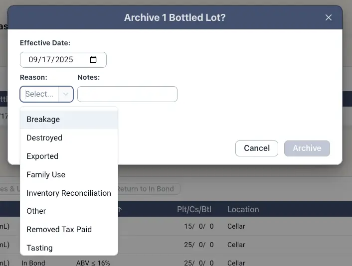 Blended Compliance Archive Bottled Lot dialog box with Effective Date, Reason dropdown, and Notes field.
