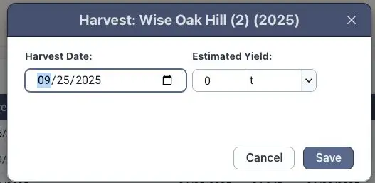 Blended software Harvest Wise Oak Hill 2025 dialog for recording vineyard data.