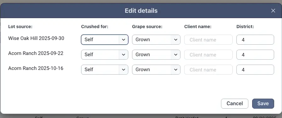 Edit details dialog in California Crush Report feature of Blended platform.