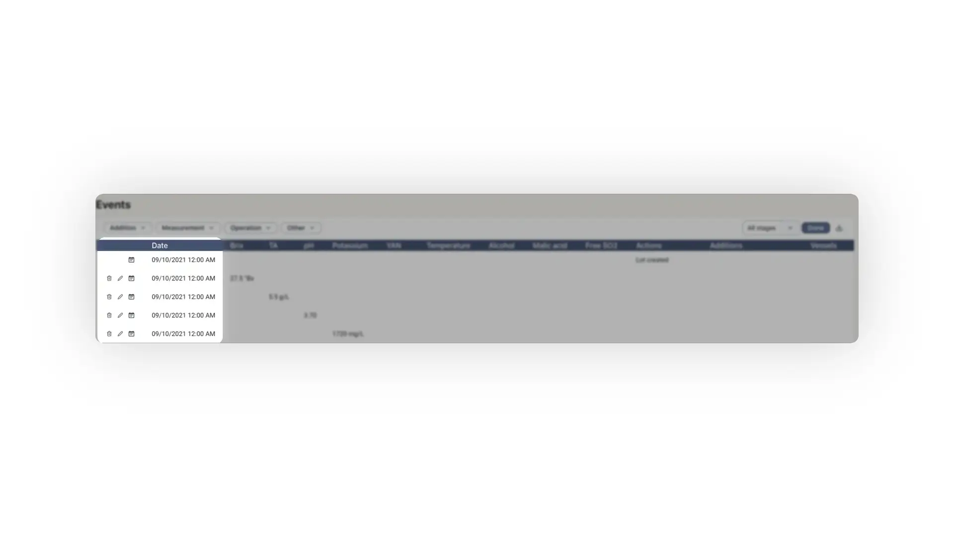 Blended platform Events screen showing winemaking operation records with filters and action buttons.