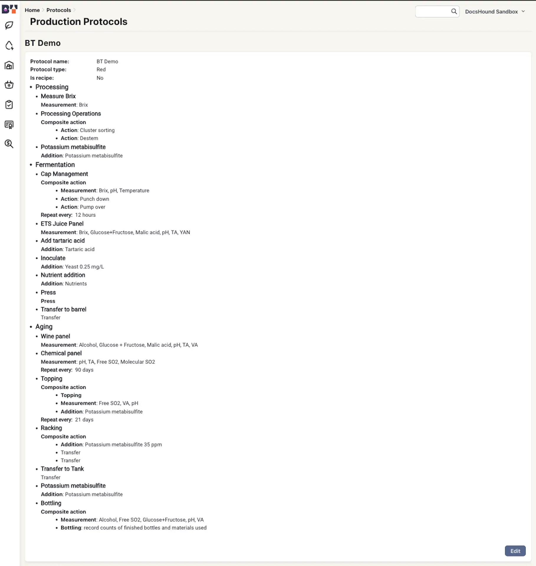 Blended software Production Protocols page showing details of BT Demo protocol with sections for Processing, Fermentation, ETS Juice Panel, Aging, and Bottling.