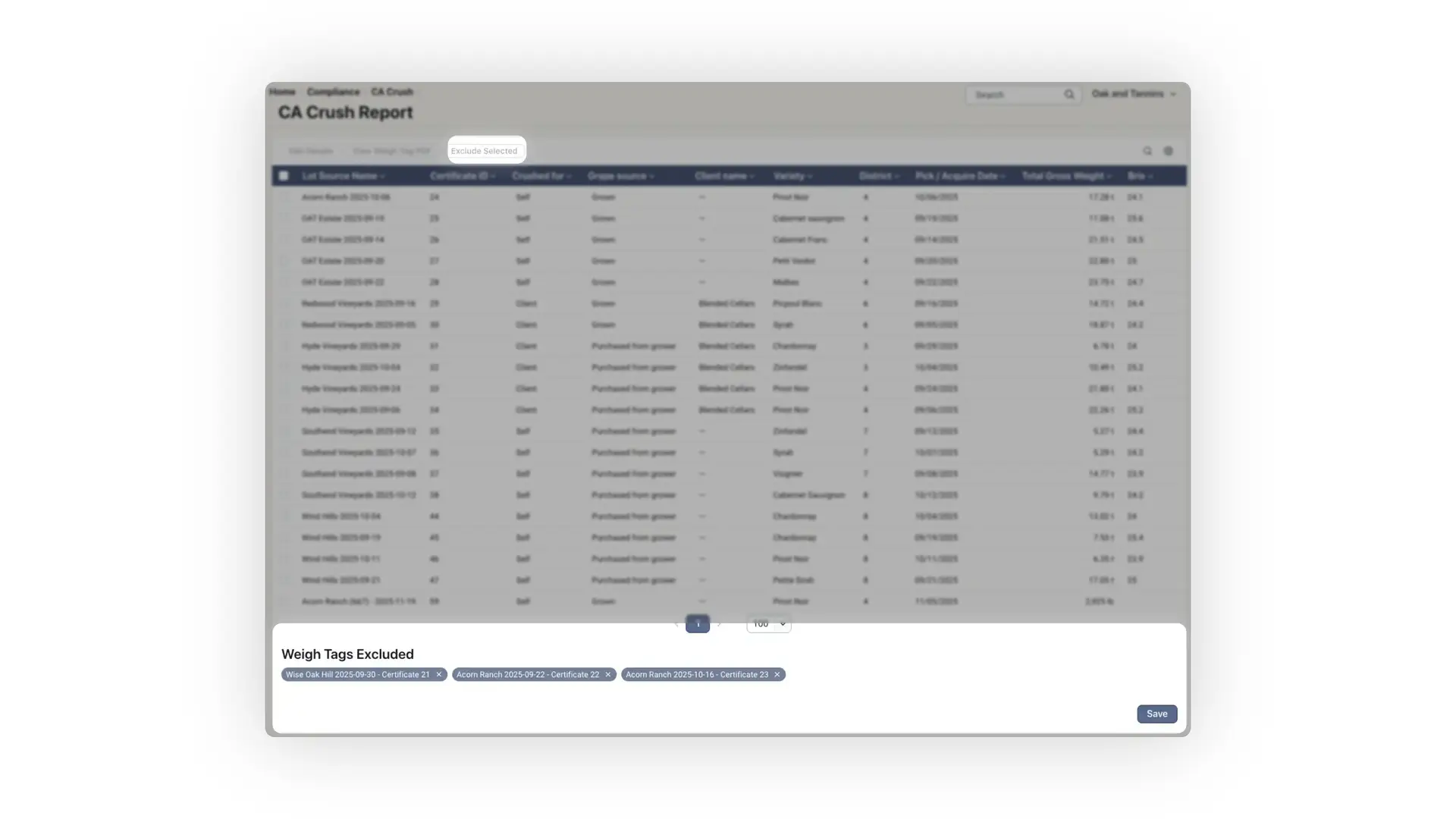 CA Crush Report page in Blended platform showing vineyard production data for compliance.