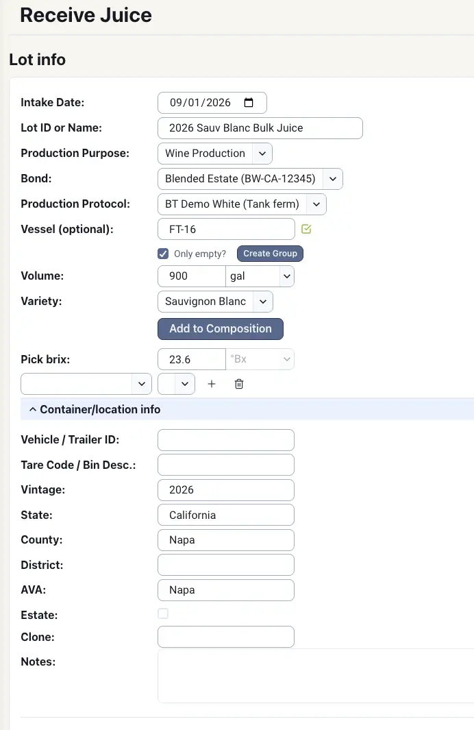 Blended platform Receive Juice screen for managing grape juice intake details.