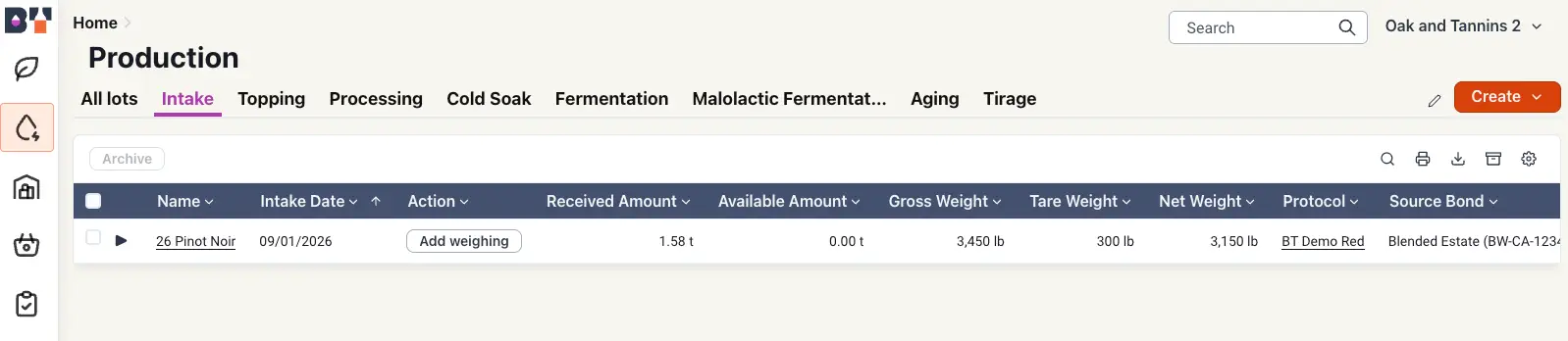 Blended software Production module Intake section for receiving grapes, showing intake details for 26 Pinot Noir.