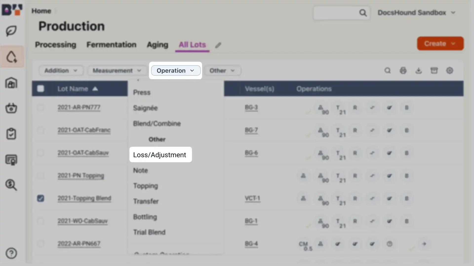 Blended software platform Production section showing winemaking operations for various lots under the All Lots tab.