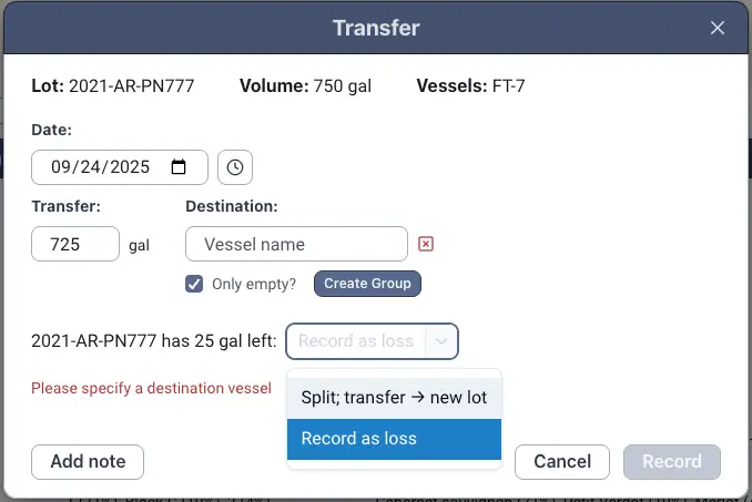 Blended software Transfer screen for lot 2021-AR-PN777 showing transfer details and options.
