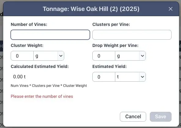 Blended software Vineyard Tonnage data entry dialog for Wise Oak Hill 2025