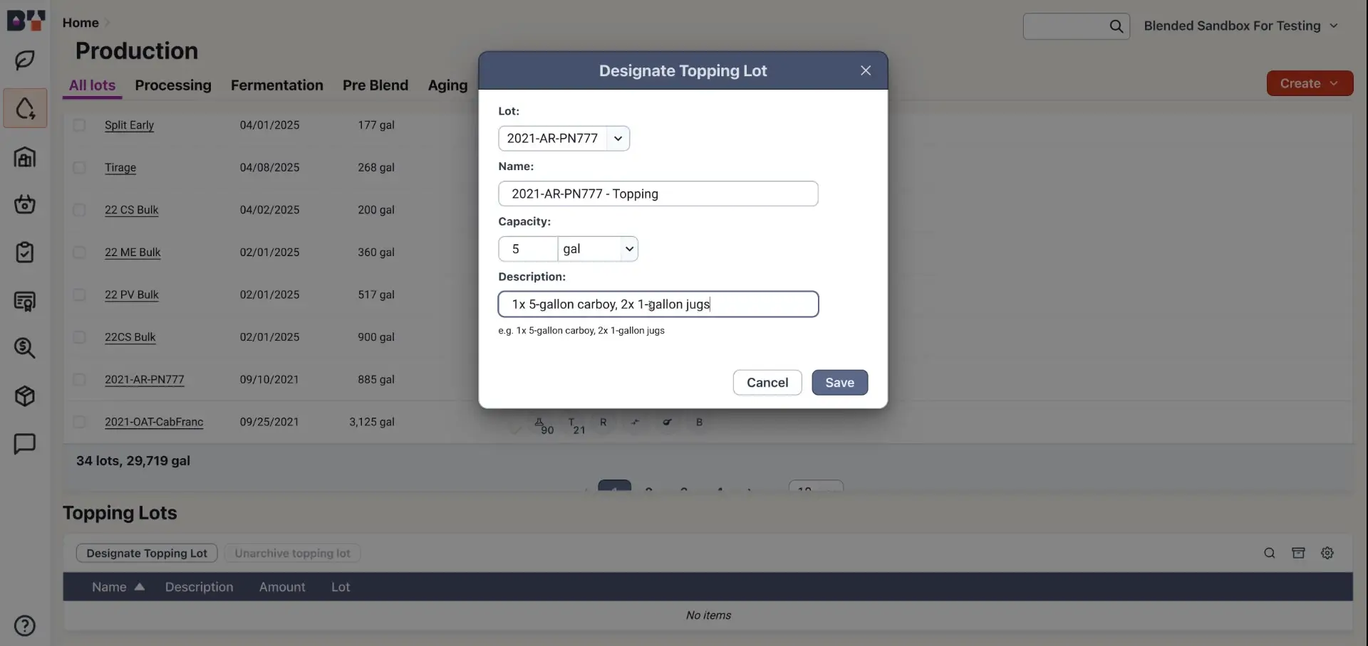 Blended Production page with Designate Topping Lot dialog open