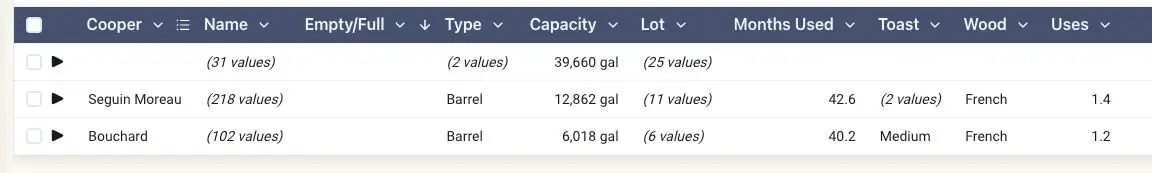 Blended CSV Import table showing cooperage details and vessel information.