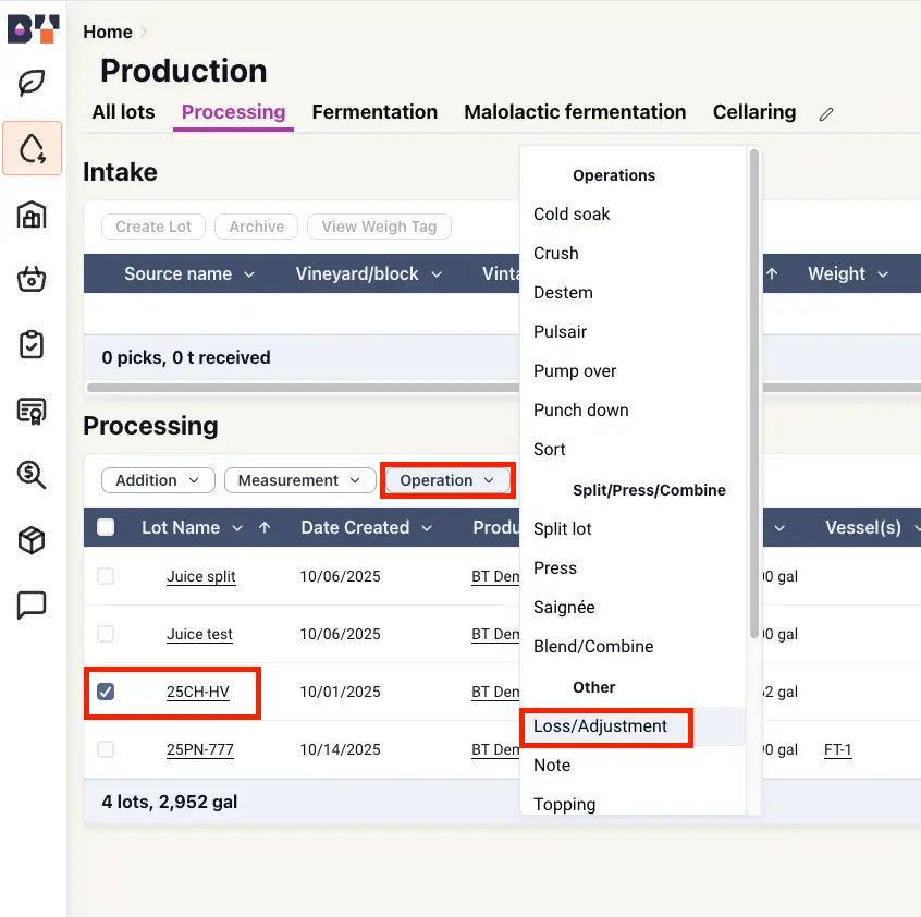 Blended software Production Processing tab showing operation selection for lot 25CH-HV