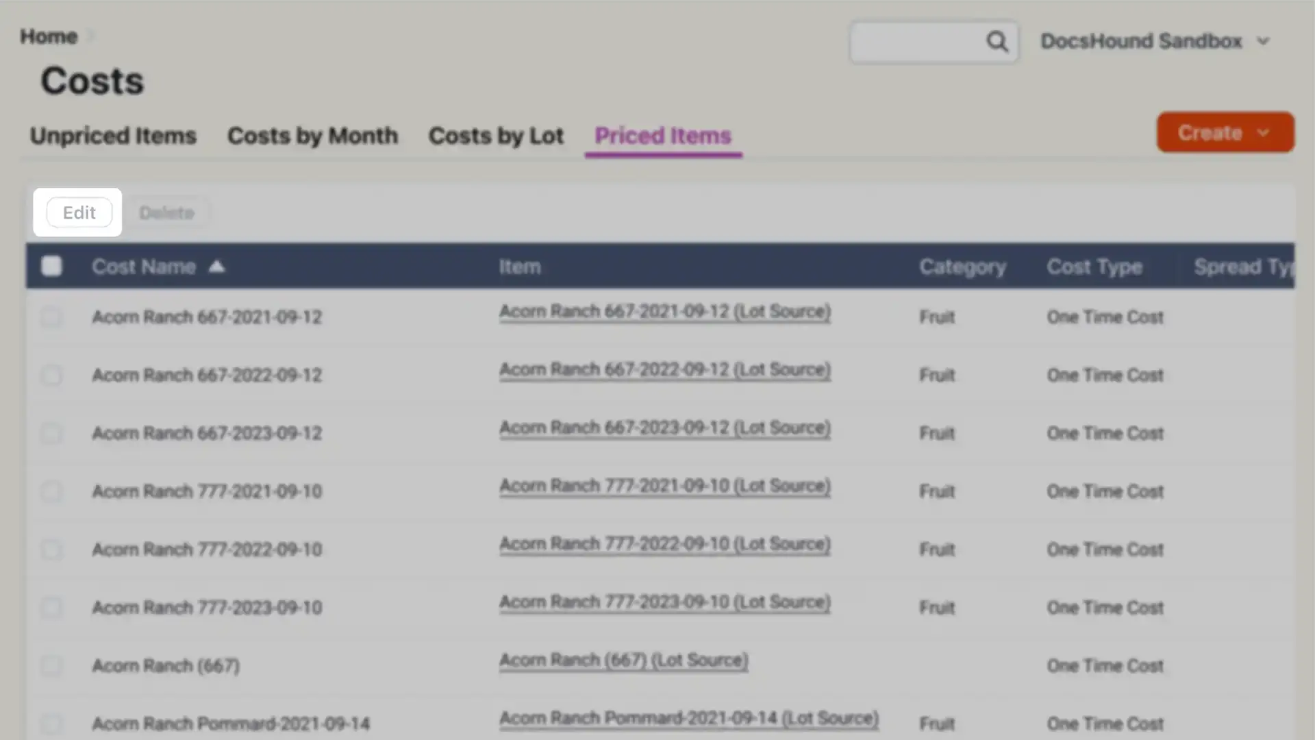 Blended software platform Costs section showing Priced Items tab with a table of cost items.