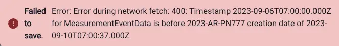 Blended software error message: Failed to save due to timestamp issue in MeasurementEventData.