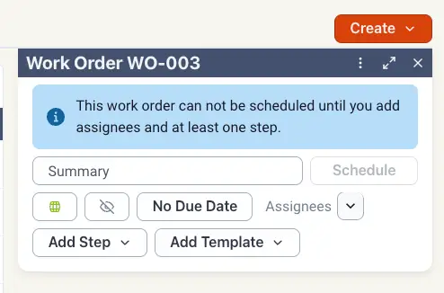 Blended Work Order WO-003 creation screen with options to add summary, assignees, steps, and templates.