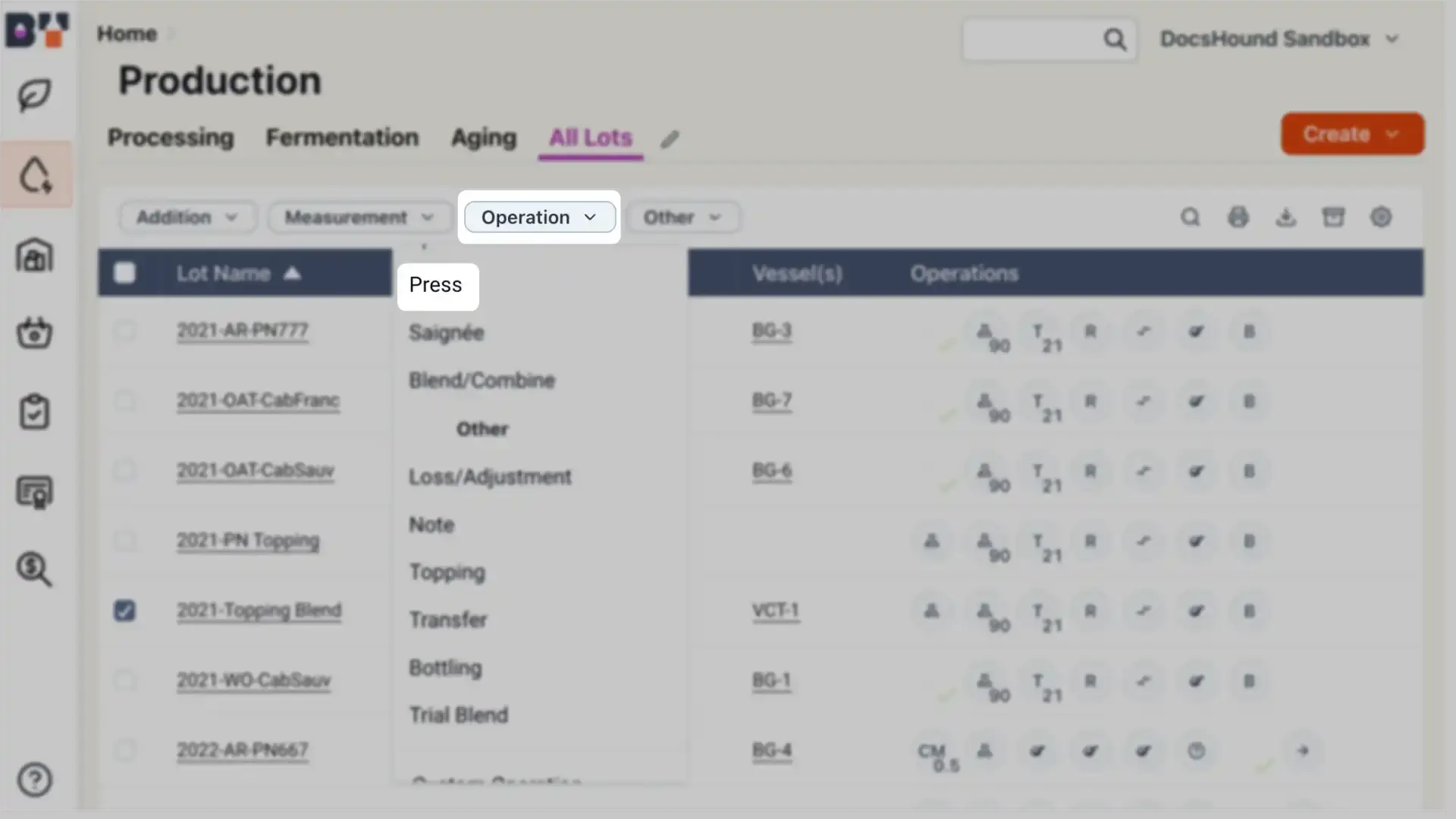 Blended software platform Production section showing winemaking operations with 'Press' selected under Operation.