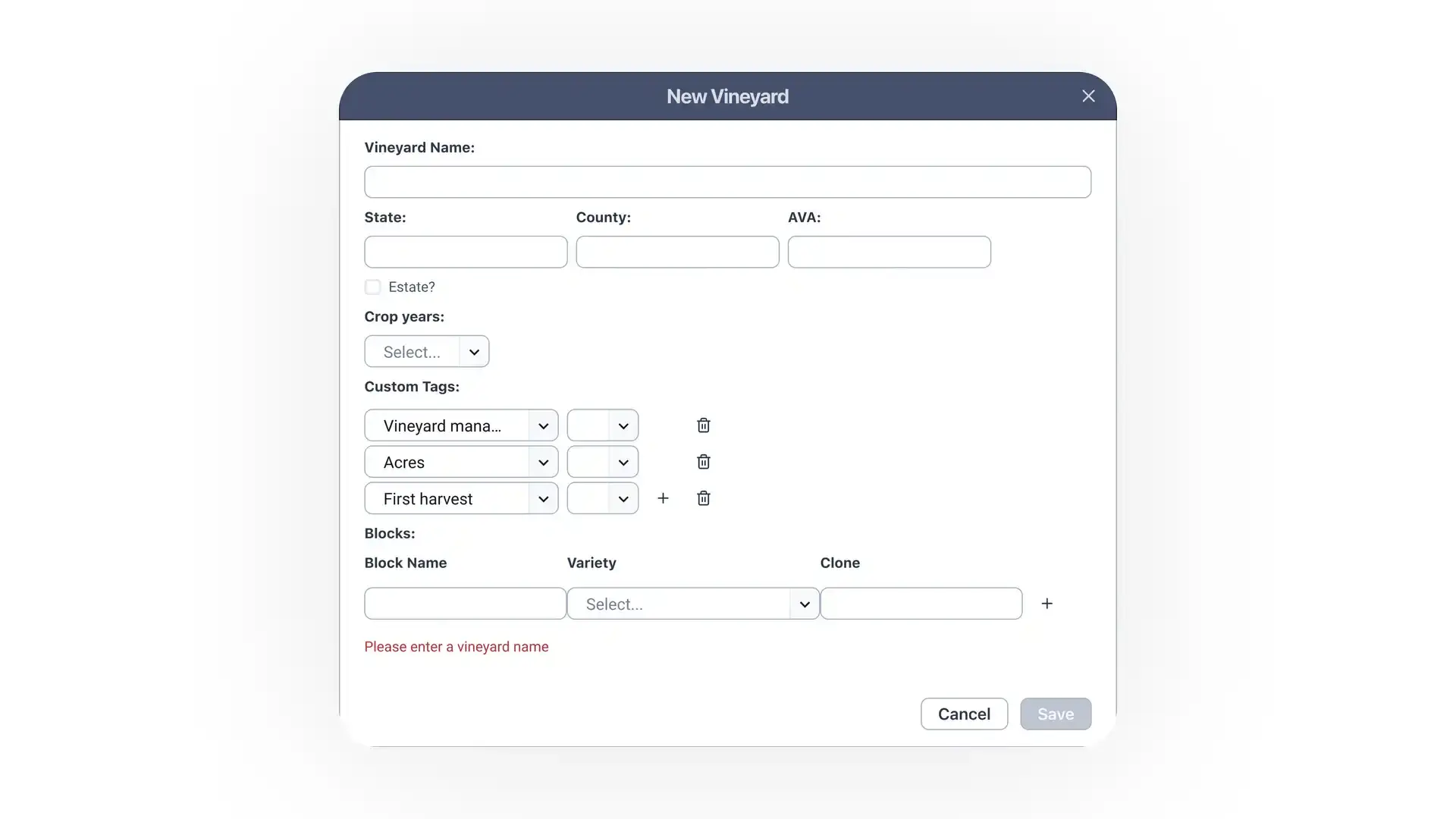 Blended software platform New Vineyard creation screen with fields for vineyard name, location details, crop years, custom tags, and blocks.