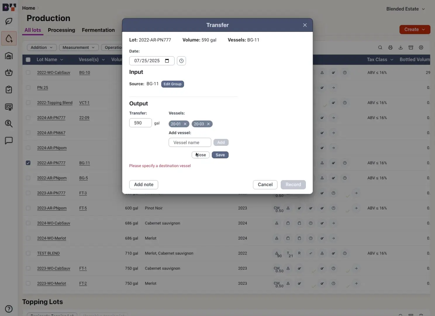 Blended Production Transfer dialog for Lot 2022-AR-PN777