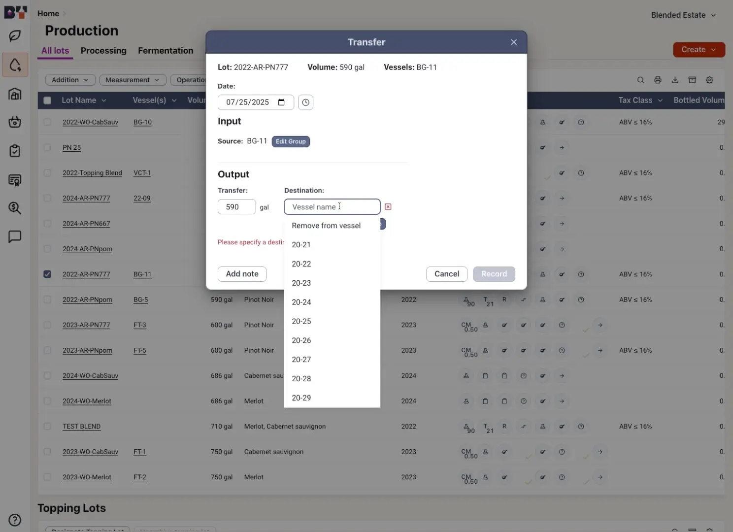 Blended Production Transfer dialog for lot 2022-AR-PN777 showing input and output vessel details.