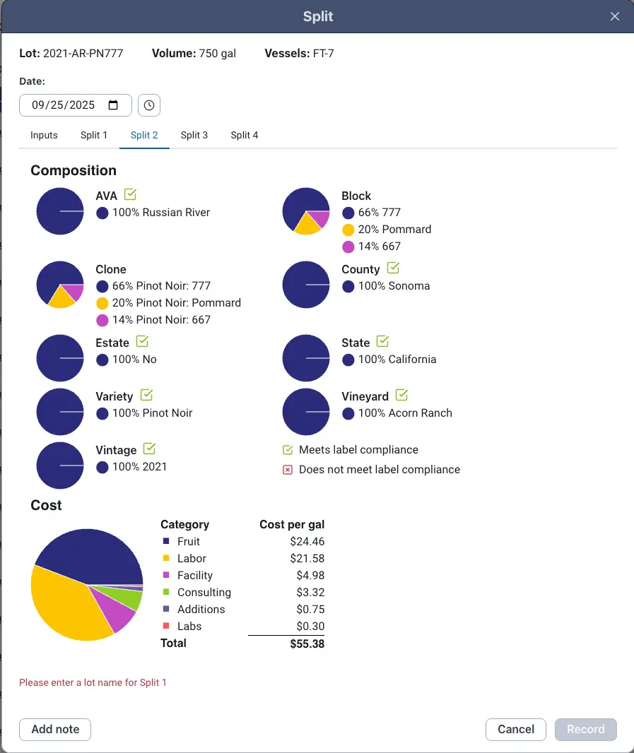 Blended Advanced Winemaking Operations Split screen showing composition and cost details for lot 2021-AR-PN777