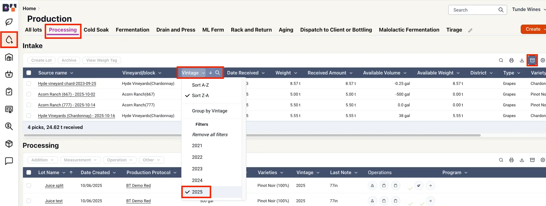 Blended Production Processing screen showing intake and processing details with sorting and filtering options for vintage.