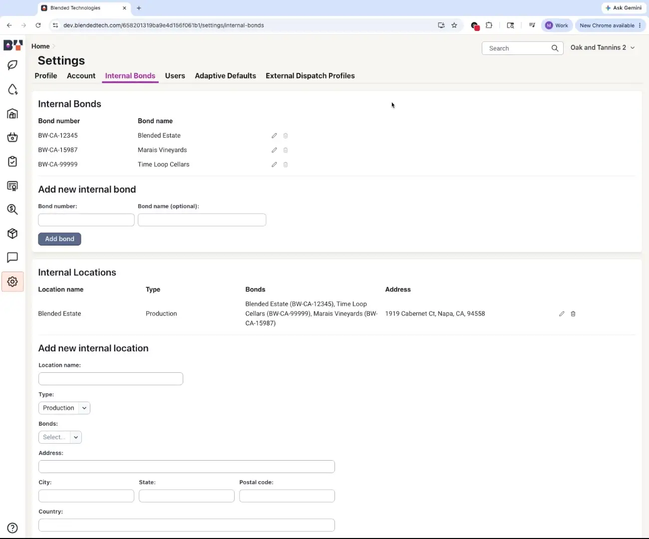 The Internal Bonds section within Settings allows users to manage their bonded profiles, including adding new internal bonds and locations. It displays existing bond numbers, names, and associated locations with their addresses.