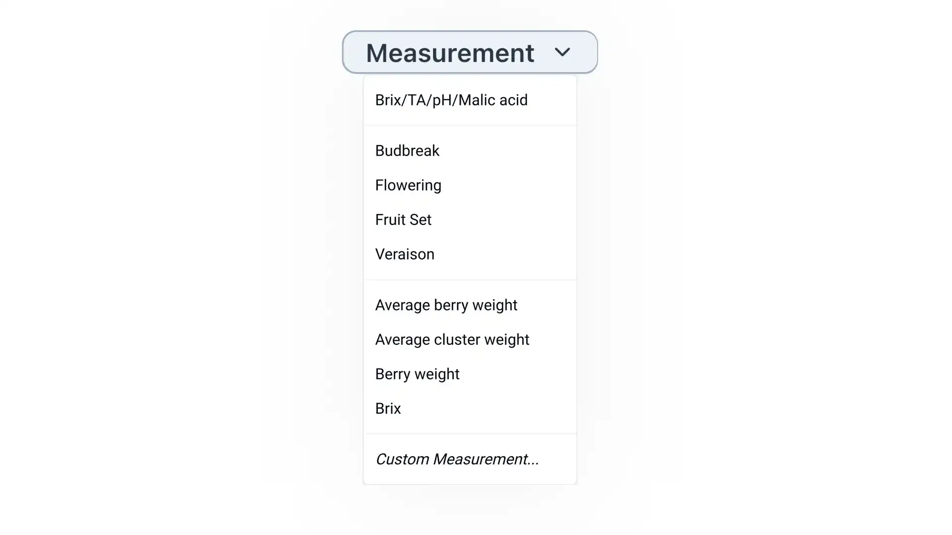 Blended software platform Vineyard feature Measurement dropdown menu expanded showing options like Brix/TA/pH/Malic acid, Budbreak, Flowering, Fruit Set, Veraison, Average berry weight, Average cluster weight, Berry weight, Brix, and Custom Measurement.