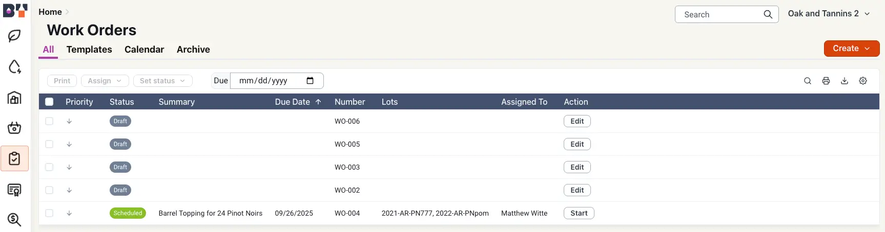 Blended platform Work Orders screen showing a list of work orders with options to edit or start, and a create button.
