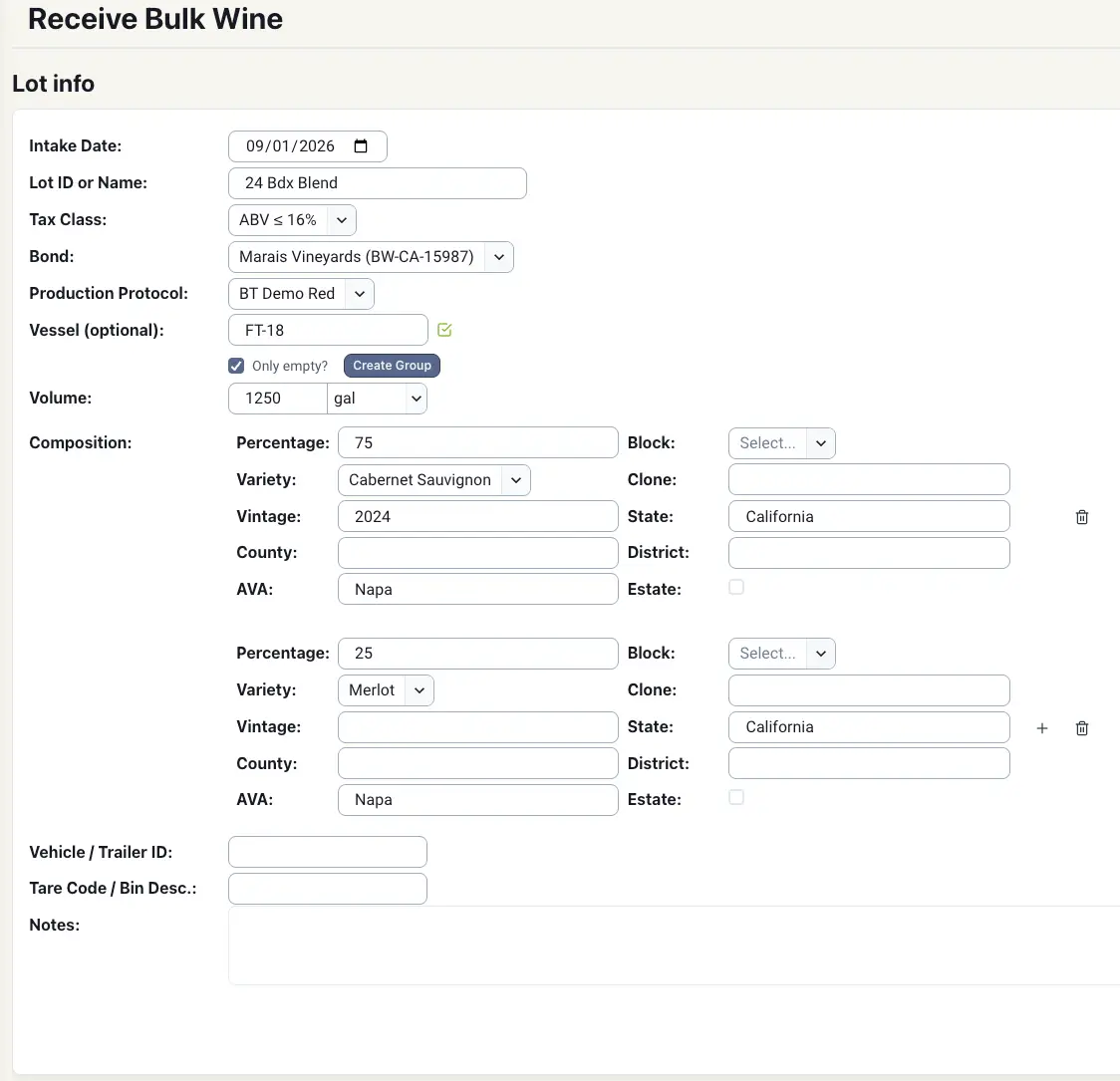 Blended software - Receive Bulk Wine screen for entering wine lot details.