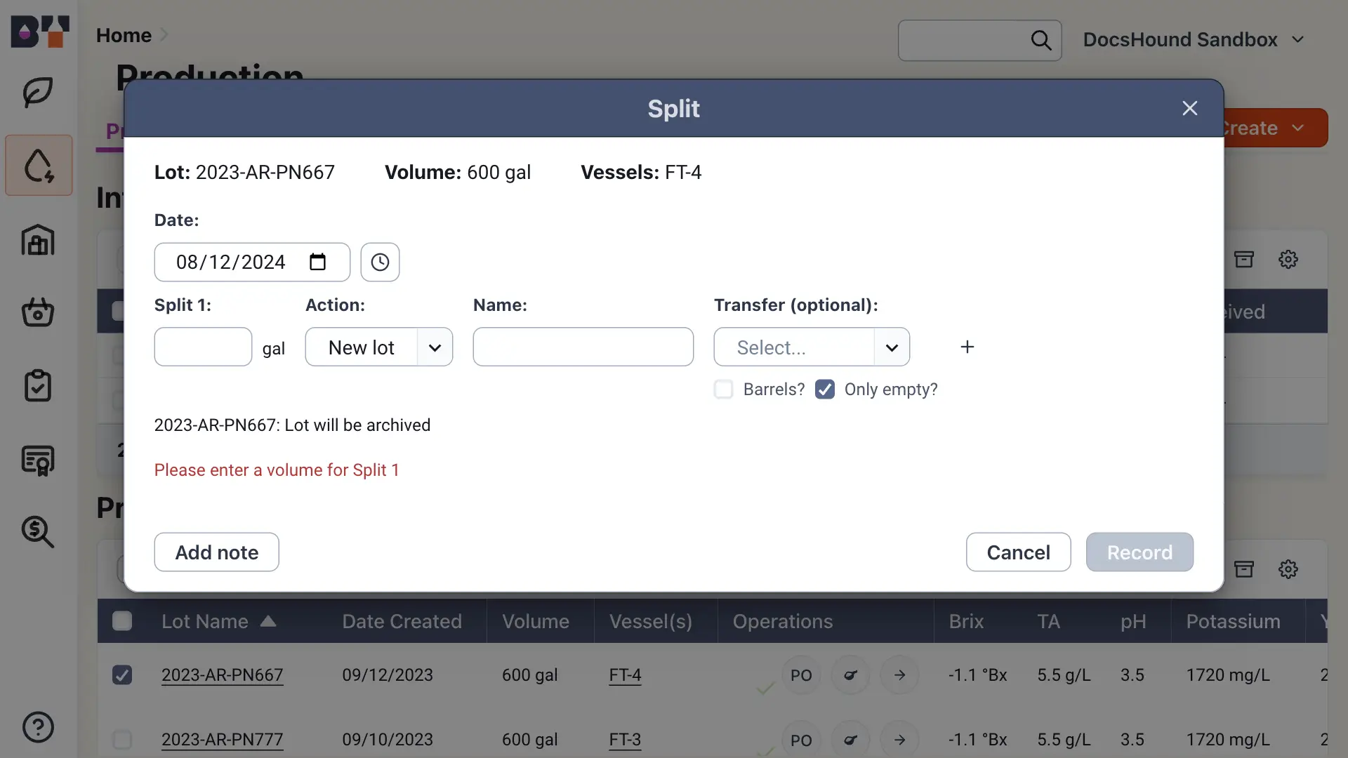 Blended software platform Production section Split dialog box for lot 2023-AR-PN667 with volume 600 gal and vessel FT-4, showing fields for date, split volume, action, name, and optional transfer, with buttons for Add note, Cancel, and Record.