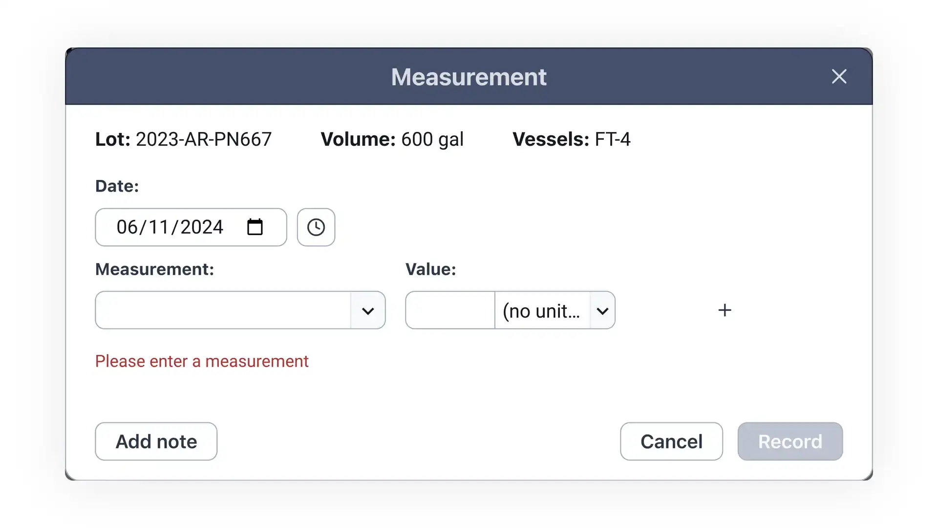 Blended software platform Measurement screen for recording production data with fields for date, measurement type, value, and unit, and buttons for adding notes, canceling, and recording.