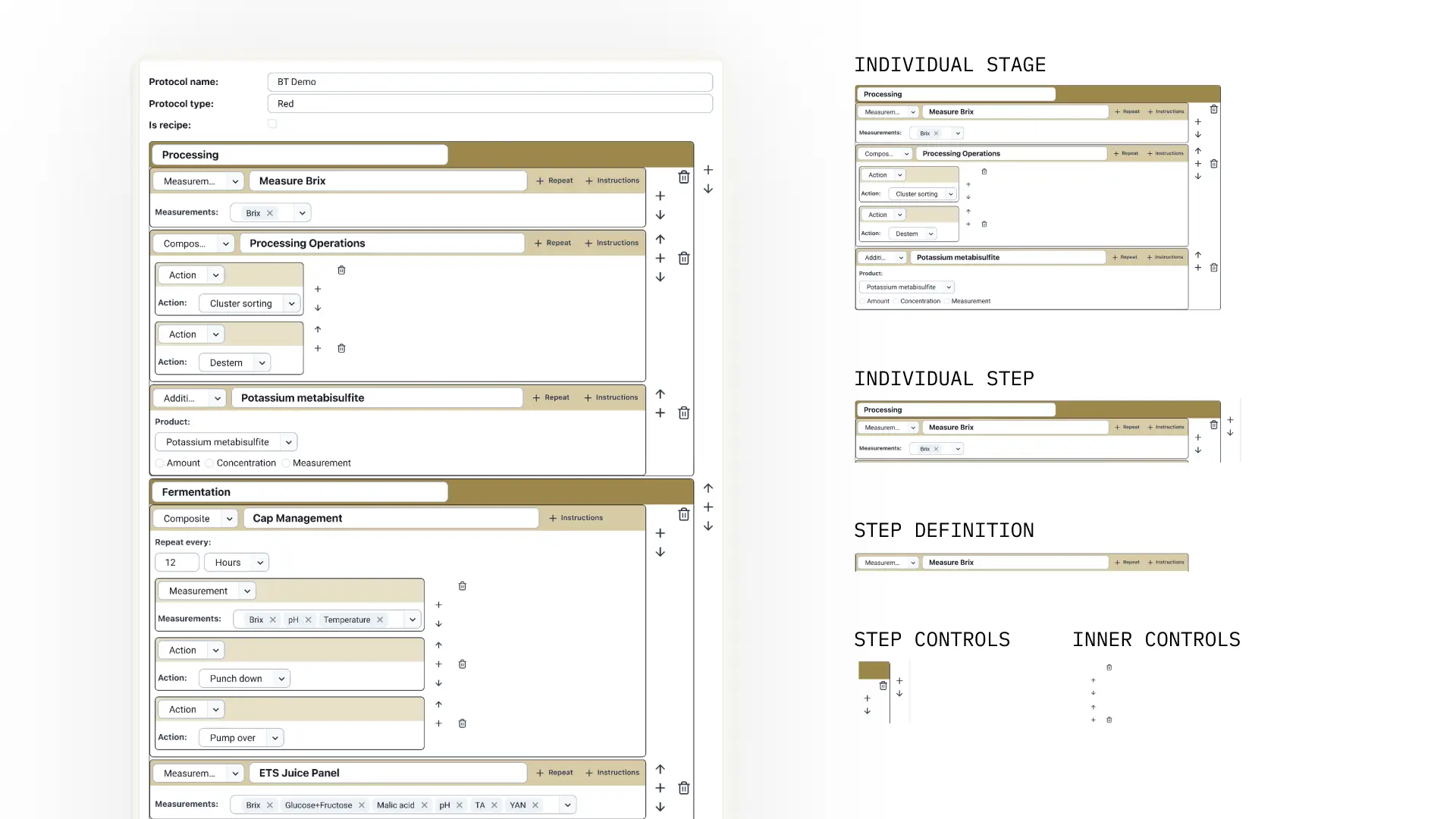 Blended software interface for creating and editing production protocols, showing fields for protocol name and type, and sections for processing and fermentation with various steps and actions.