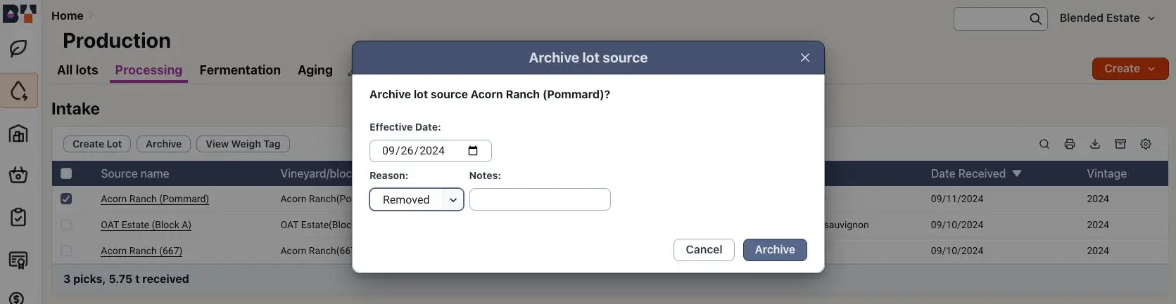 Blended Production Processing Archive Lot Source pop-up