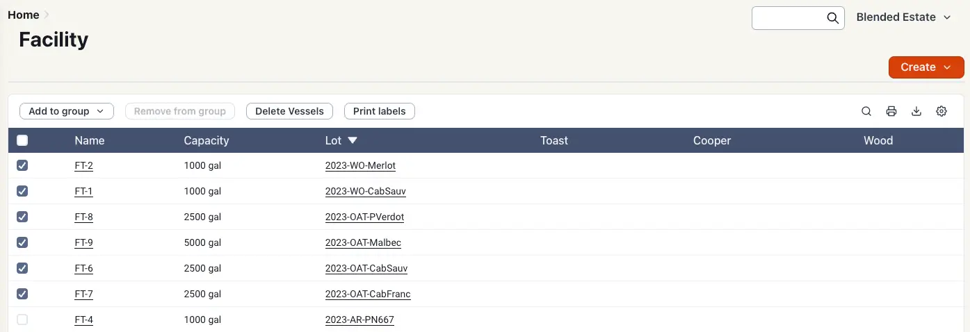 Blended Facility page showing vessel management options and list