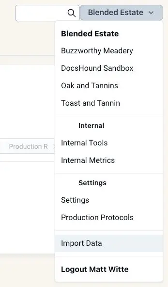 Blended software platform dropdown menu showing estate options and settings including Import Data.