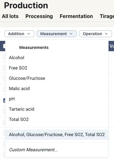 Blended Production section with Measurement dropdown expanded showing options like Alcohol and Free SO2