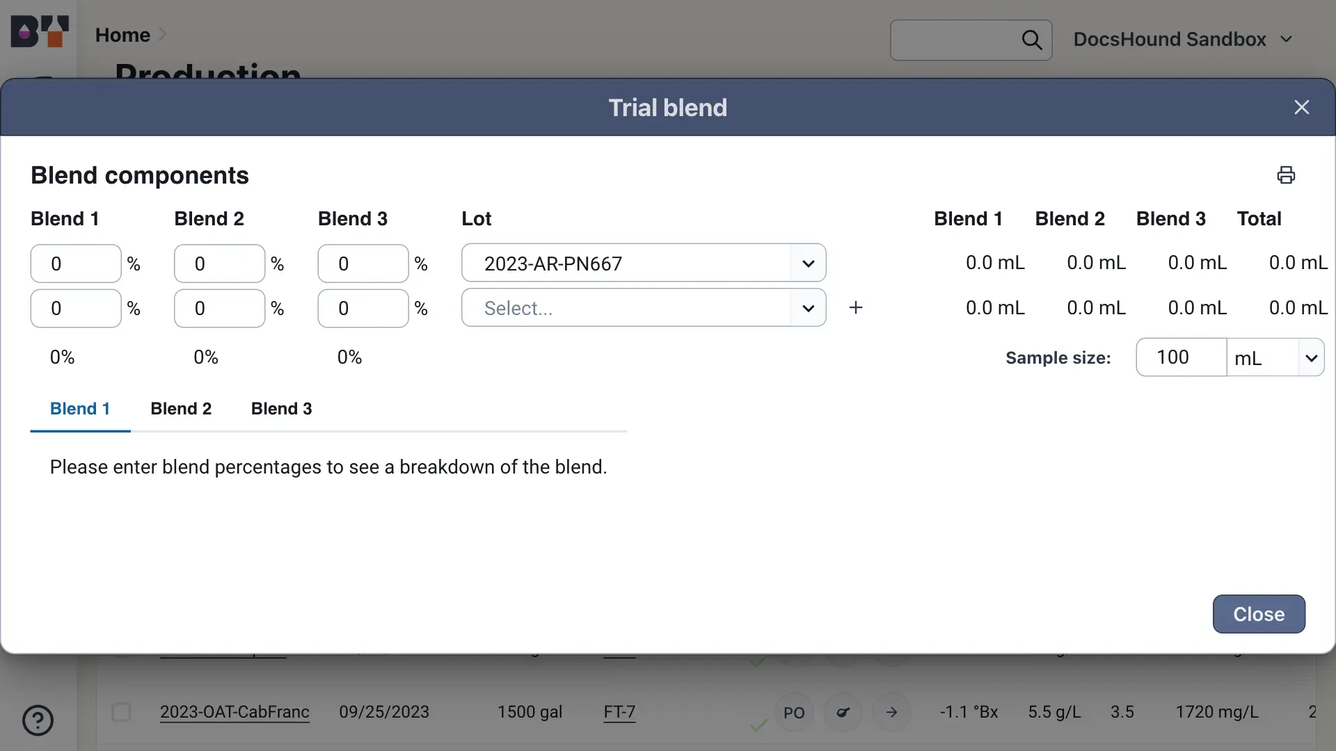 Blended software platform Production section Trial blend window for inputting and calculating blend components.