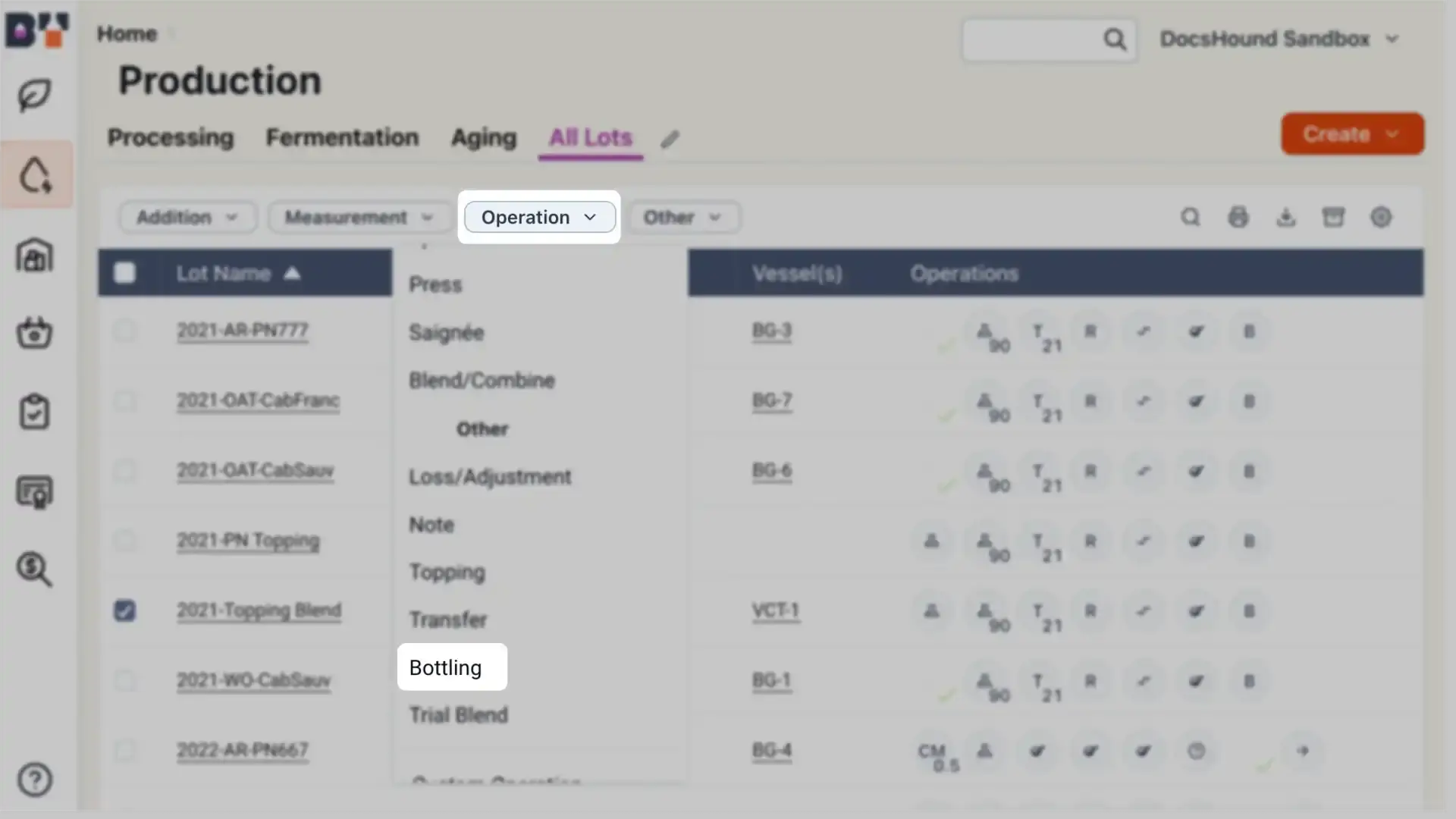 Blended software platform Production section showing winemaking operations with tabs for Processing, Fermentation, Aging, and All Lots, and a table listing wine lots, vessels, and operations.